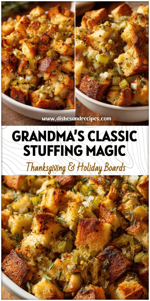 Golden bread stuffing baked with herbs and veggies, a traditional Thanksgiving side dish.